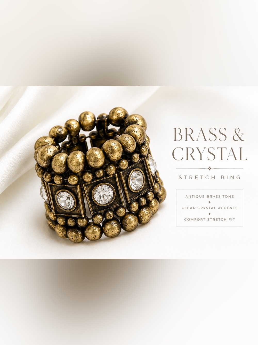 Neiman Marcus Vintage Brass Crystal Stretch Ring Statement Cocktail Boho Luxe